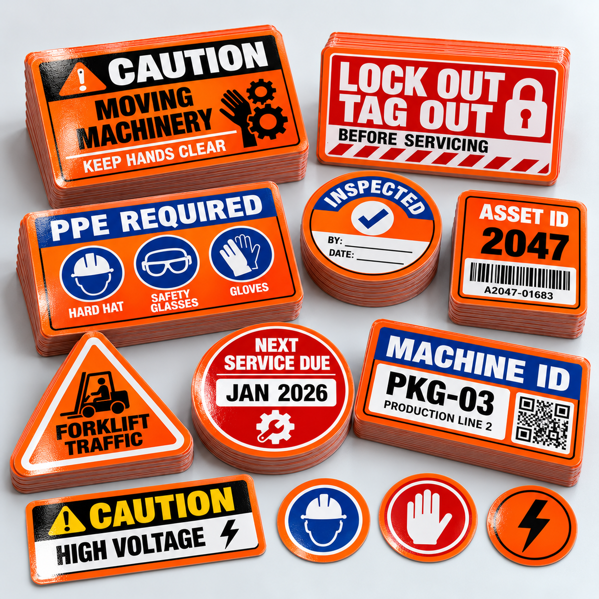 Custom Fluorescent Neon Orange Industrial Stickers – UV Laminated