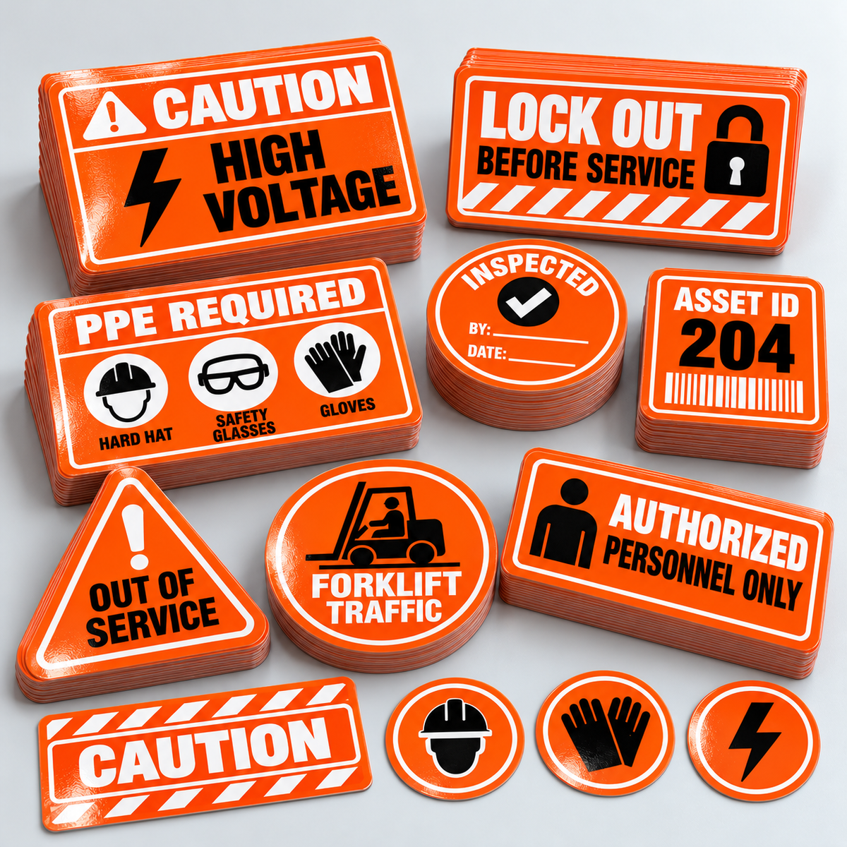 Custom Fluorescent Neon Orange Industrial Stickers – UV Laminated