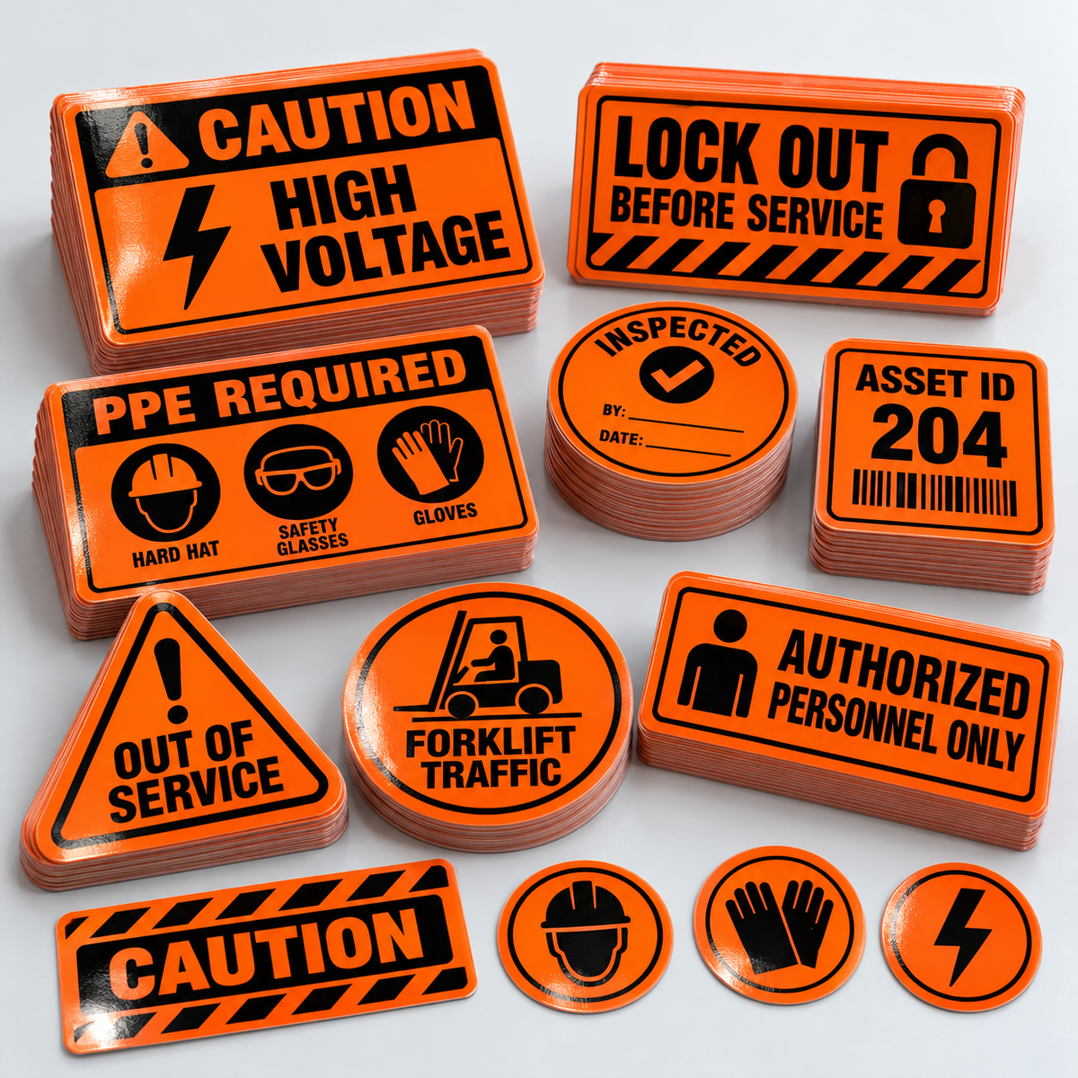 Mockup of fluorescent neon orange industrial sticker stacks featuring caution, PPE, equipment ID and inspection labels with black graphics.
